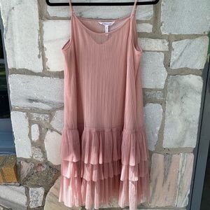Blush Pink Flower Summer Dress. Tiered Crinkled Mesh Poly